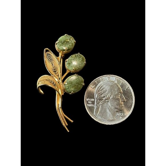 Vintage 10k Gold Filled with Nephrite Jade Stones Floral Filigree Brooch Pin - Picture 5 of 5